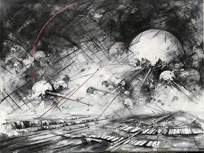 Transformations #1486, graphite, oil on canvas, 130 x180 cm, 2020